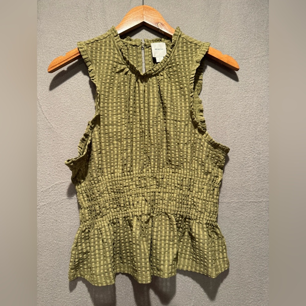 Maeve Olive Green Textured Sleeveless Ruffle Peplum Top